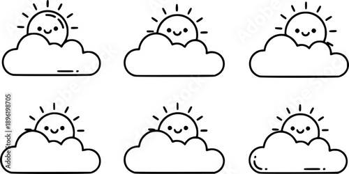 Cute cartoon sun peeking from behind a fluffy cloud, simple line art illustration