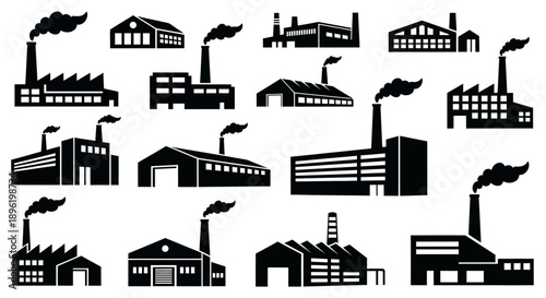 Factory icons set, industrial buildings vector