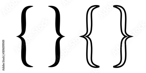 Curly bracket icon set, black and white brace symbols in bold and thin outline styles, minimalist vector illustration for typography, coding, programming, text decoration and graphic design elements.