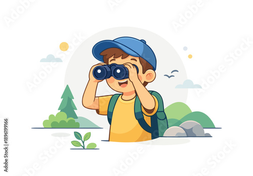 Boy with binoculars exploring nature, flat vector illustration