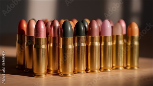 A detailed flat lay of shotgun shell bullets organized by gauge and type, showcasing their diversity, while discussing the various uses in hunting, sport shooting, and self-defense scenarios within
