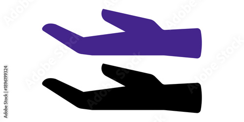 Open helping hand icon set, purple and black palm up silhouettes, simple vector illustration symbolizing support, care, donation, charity, giving and assistance on white background.