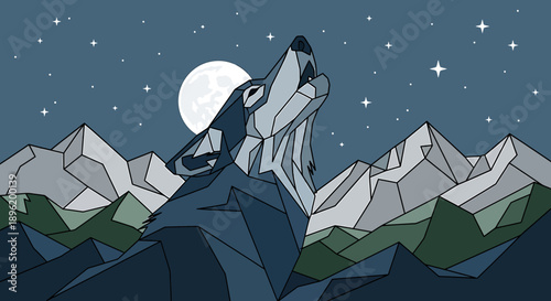 Majestic lone wolf howling at the radiant full moon amidst a striking polygonal mountain range under a starry night sky. A beautiful abstract wilderness illustration
