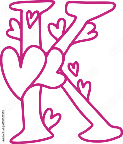 K monogram letter hand drawn with hearts. Pink alphabet symbol isolated on white.