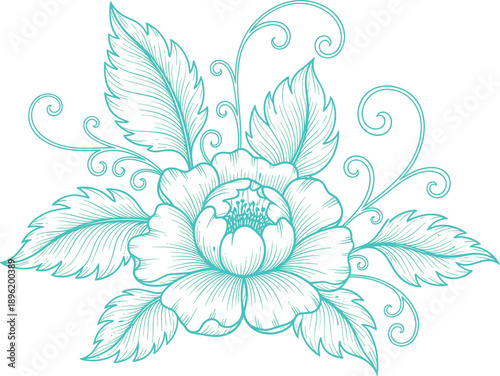 described features a light blue drawing of a flower, which is centrally positioned and surrounded by intricately detailed leaves and decorative swirls. The delicate nature of the illustration suggests