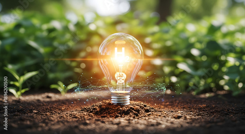 Bright idea of innovation and sustainability, a glowing lightbulb emerging from fertile soil, symbolizing new growth and ecological solutions