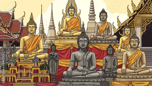 A serene array of golden and grey Buddha statues in various poses and sizes, set against the backdrop of traditional Thai temple architecture, evoking ancient spiritual wisdom and tranquil devotion