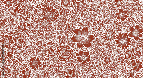  described showcases a densely packed floral pattern rendered in a warm brown or rust color against a lighter background, creating a striking contrast that enhances the overall design