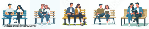 vector couple sitting on a park bench reading a book together