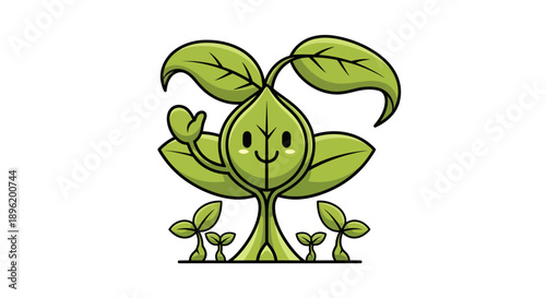 Cheerful green plant smiles with leaf and sprouts on white backdrop, illustrated from a front view