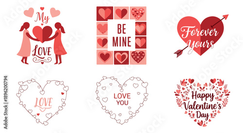 Collection of six different Valentine's Day designs featuring hearts and love messages in various fonts and colors against a clean white background.