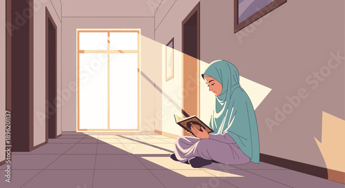 Young Muslim girl in hijab reading Quran in sunlit hallway