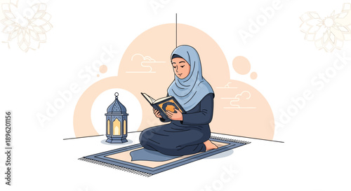 Young Muslim Girl Reading Quran on Prayer Mat with Lantern