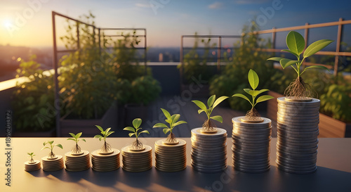 Rooftop garden plants growing from stacked coins symbolizing financial growth and investment in sustainable urban agriculture
