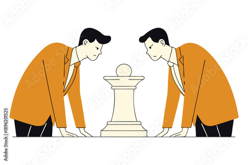 Flat vector illustration of two businessmen competing over a chess piece representing business strategy and competition