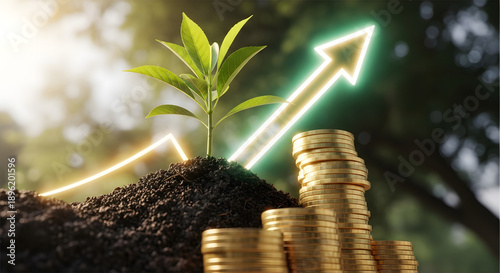Sustainable finance and investment growth concept A vibrant plant growing with gold coins and upward arrows, symbolizing prosperity, wealth creation, and a successful green future