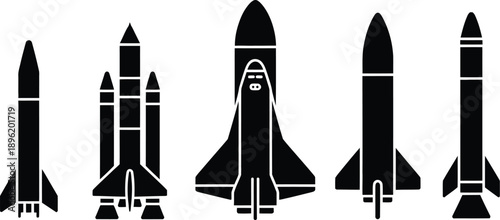 Aerospace icons set, rockets, missiles, space shuttle silhouettes, vector illustrations for science, exploration, technology, transportation, space missions, and engineering graphics.
