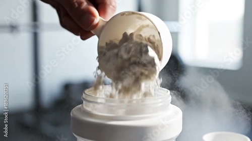 Powder Scoop and Protein Shaker: An intimate look at a scoop of protein powder being poured into a shaker, hinting at a dedication to fitness and wellness.