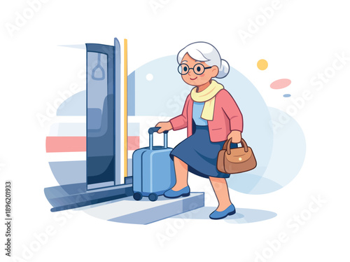 Elderly woman boarding train with luggage, flat vector illustration