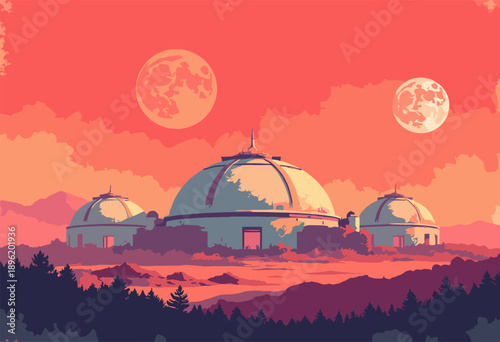 Vertical poster Mars Colony vintage travel style biodome city under red sky two moons Visit Mars typography vibe