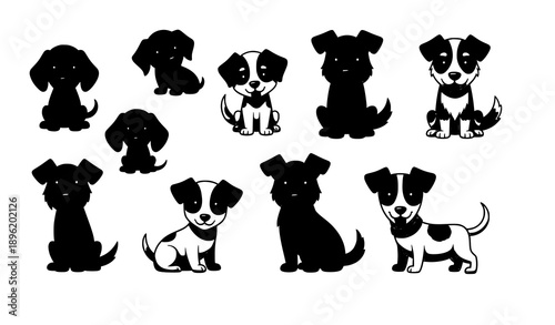 Flat cartoon dogs vector illustration set with different breeds isolated on white