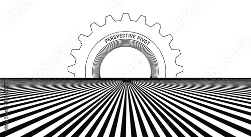 Abstract graphic illustration of a gear with 'Perspective Pivot' text over a striped vanishing point pattern, symbolizing change and new viewpoints.