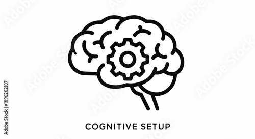 Cognitive setup line icon featuring a human brain with an internal gear, symbolizing thinking processes, intelligence, and mental mechanisms.