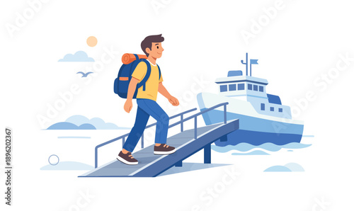 Man walking on dock near boat, flat vector illustration
