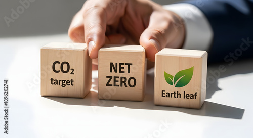 Environmental protection and sustainability concepts depicted by wooden blocks with text CO2 target, NET ZERO, and Earth leaf
