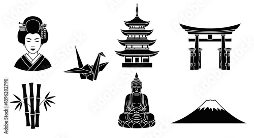 Japanese culture symbols vector set