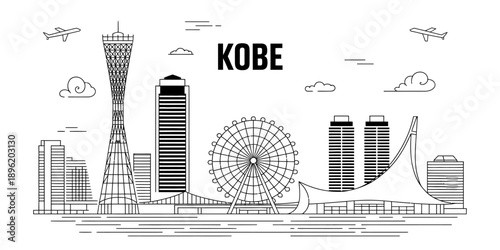 Kobe city skyline minimalist line art with famous landmarks and modern architecture
