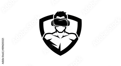 Man wearing VR headset inside a shield logo