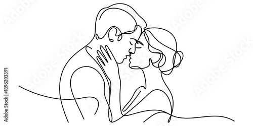 Minimalist continuous line art of a loving couple embracing and about to kiss