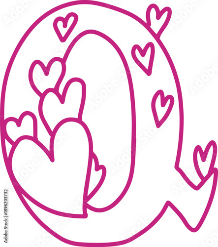 Q monogram letter hand drawn with hearts. Pink alphabet symbol isolated on white.