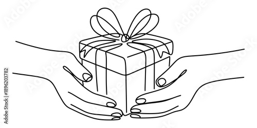 Illustrative sketch of hands presenting a gift box with a ribbon and bow design