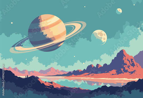 Vertical poster Titan Saturns Moon Methane lakes Saturns rings visible teal sky Scifi travel poster