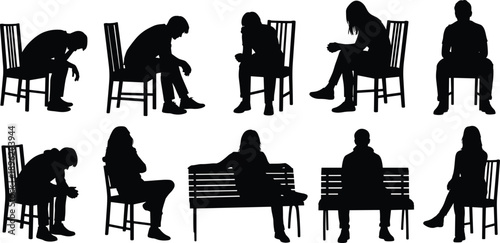 Black silhouettes of people sitting on chairs and benches isolated on white background expressing loneliness, waiting, sadness and emotional mood concepts