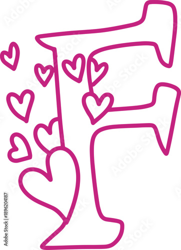 F monogram letter hand drawn with hearts. Pink alphabet symbol isolated on white.