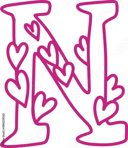 N monogram letter hand drawn with hearts. Pink alphabet symbol isolated on white.