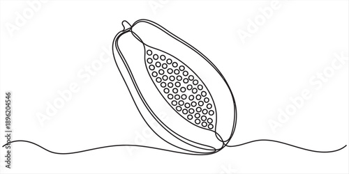 Minimalist one line art drawing of a halved papaya fruit with seeds on a white background