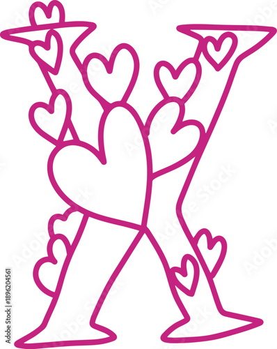 X monogram letter hand drawn with hearts. Pink alphabet symbol isolated on white.