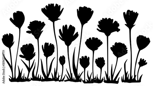 A striking black and white silhouette illustration capturing a field of various wildflowers standing tall against the bright white background.