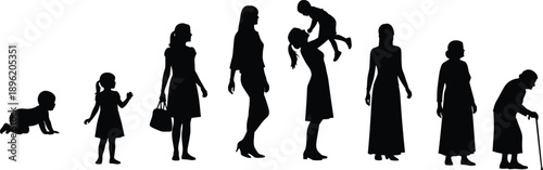 Silhouettes of female life stages from baby child motherhood to old age isolated on white background family lifecycle concept illustration