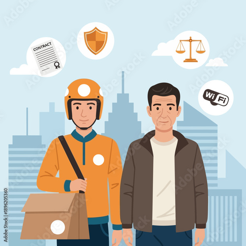 Delivery man and customer in city with icons of contract, shield, scales, and wifi
