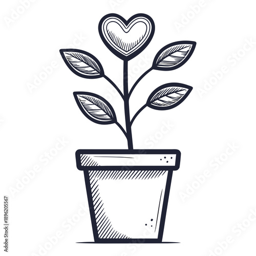 Vector illustration of a blooming flower growing in a pot and a vase in a natural garden style