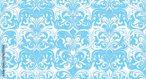 Seamless floral pattern featuring ornate blue flowers and beige damask swirls for an elegant textile wallpaper design with retro nature elements