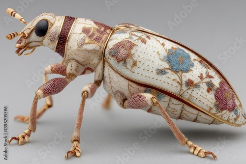 Ornamental jeweled weevil figurine in crackled white enamel with hand-painted maroon and blue flowers, gold details, black gem eyes, segmented legs, and striped antennae. Macro side view 