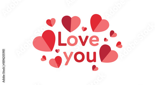 Graphic illustration of 'Love you' text surrounded by multiple red hearts on a white background.