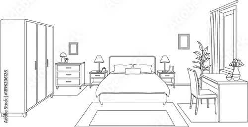 Detailed black and white line art illustration of a contemporary bedroom interior featuring a large bed nightstands lamps dresser wardrobe and desk area