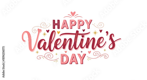Graphic design with 'HAPPY Valentine's DAY' text in pink, surrounded by decorative hearts and swirls on a white background.